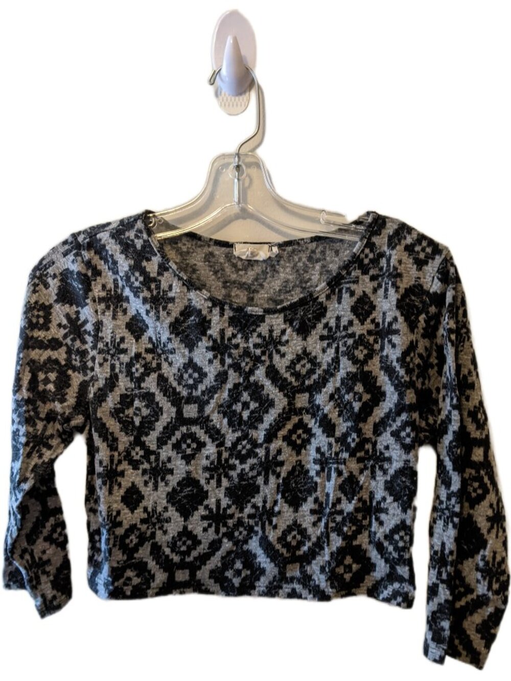 Girls' Long Sleeve Top Geometric Aztec Grey Black Soft Knit Boho Southwestern L